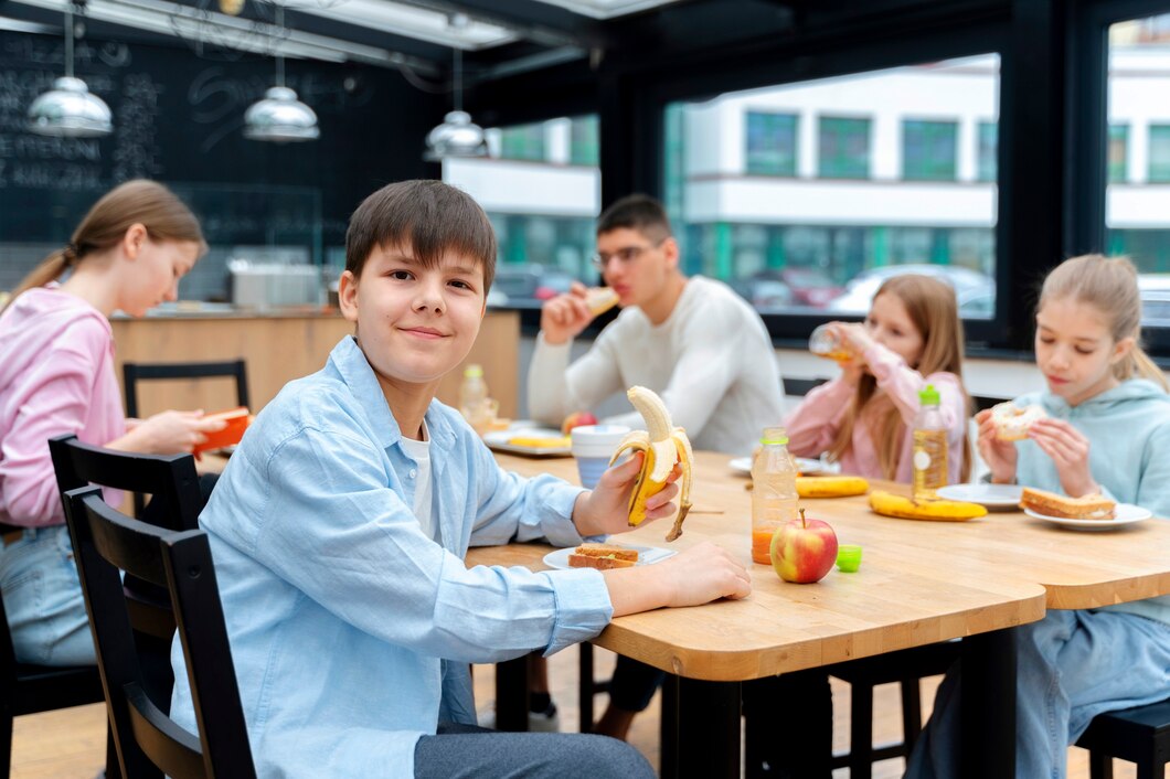 Des enfants déjeunent dans un restaurant scolaire