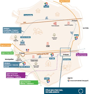 Carte présentant les différents types de transports présents à Castellnau-le-Lez (tram, bustram, ligne vélo)