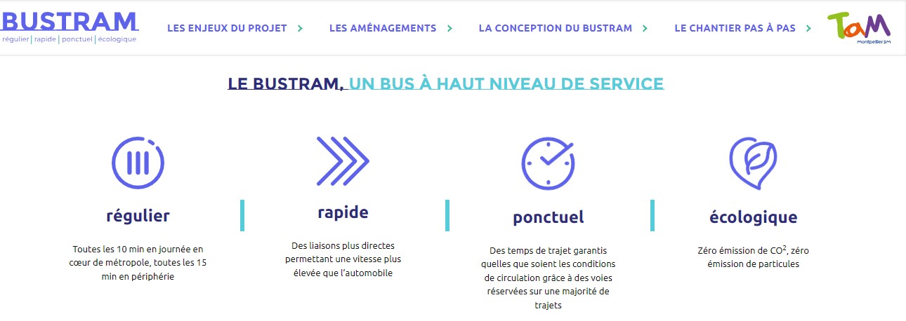 Schéma indiquant les avantages du bustram : fréquence plus rapide que les bus, régularité, ponctualité, écologie (zéro émission de CO2)