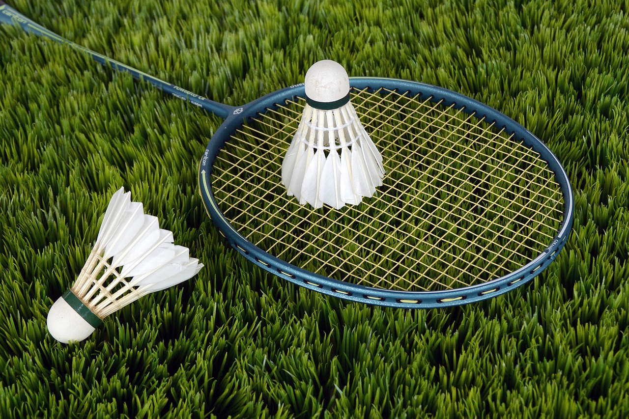 raquette et volants de badminton posés dans l'herbe